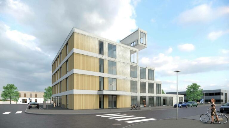 Moderne Wohngebäude mit Holz- und Betonelementen, großen Fenstern und einem einzigartigen oberen Anbau.