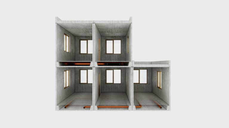 Modularer Wohnraum mit vier Räumen und Fenstern, aus Beton und Holz, in einer strukturierten Anordnung.