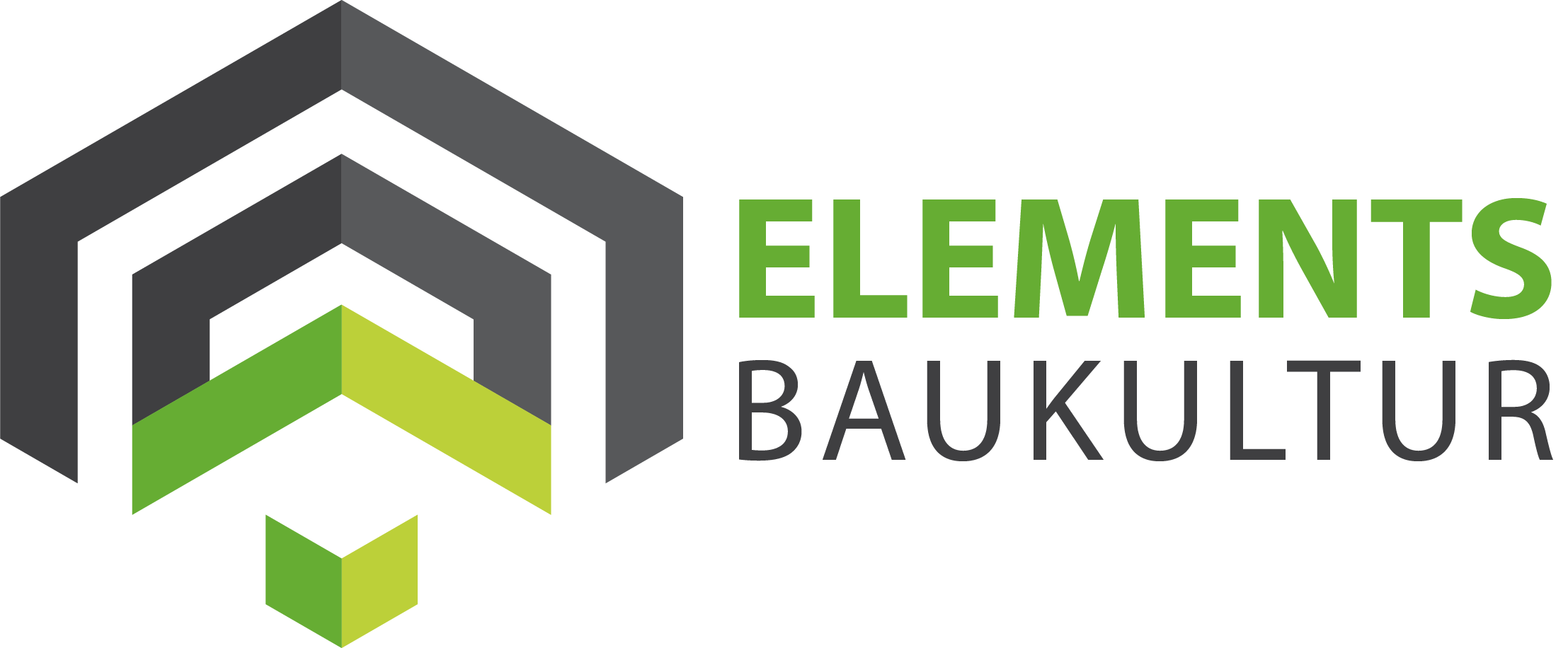 Logo von Elements Baukultur mit geometrischen Formen in Grau und Grün.