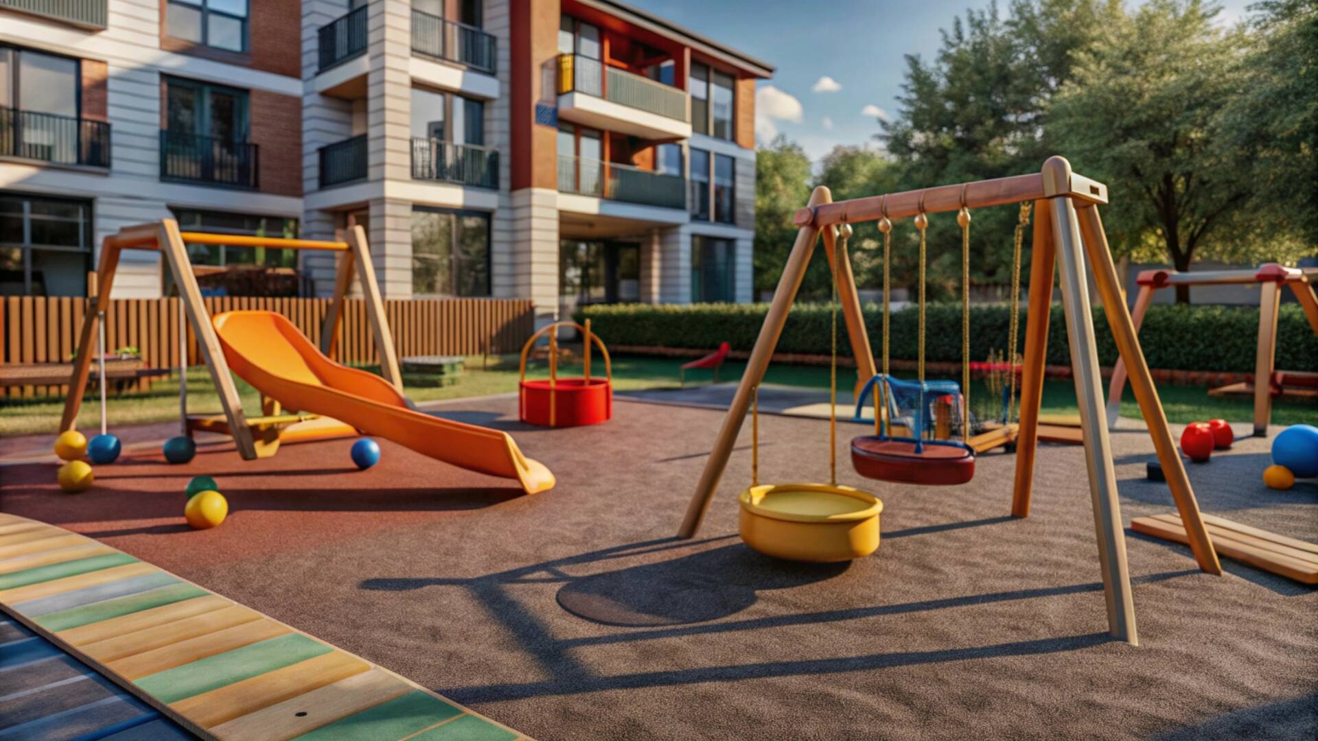 Bunter Spielplatz mit Schaukeln, Rutschen und Sandkasten in einem Wohngebiet.
