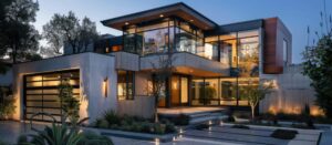 Modernes Haus mit großen Glaswänden und einer Steinfassade in der Dämmerung.