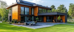 Modernes Haus mit Holzverkleidung, großen Fenstern und einem geräumigen Patio.