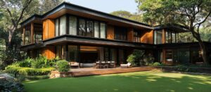 Modernes Holzhaus mit großen Fenstern und einem grünen Gartenbereich.