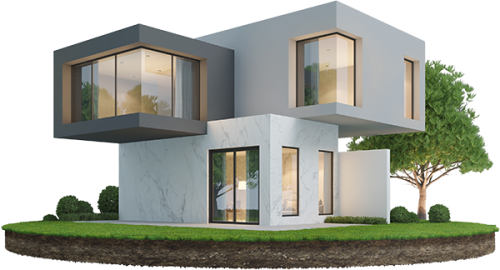 Moderne Architektur eines Hauses mit großen Fenstern und einem minimalistischen Design.